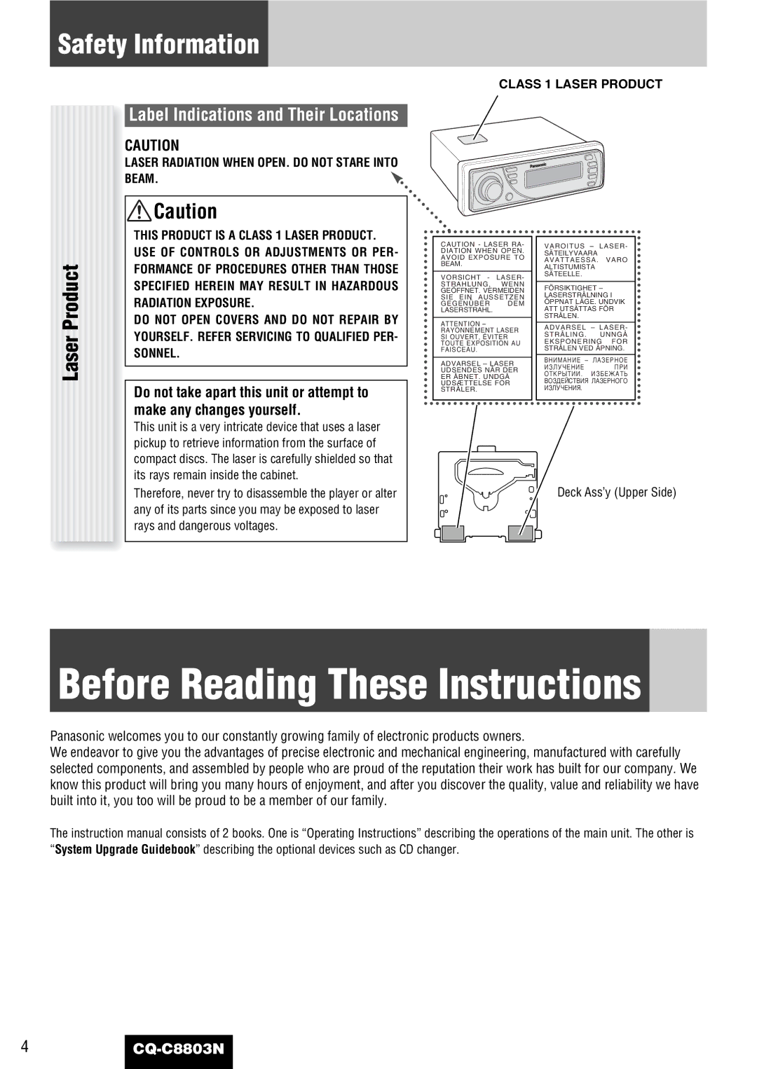 Panasonic CQ-C8803N Before Reading These Instructions, Safety Information, Label Indications and Their Locations, Product 