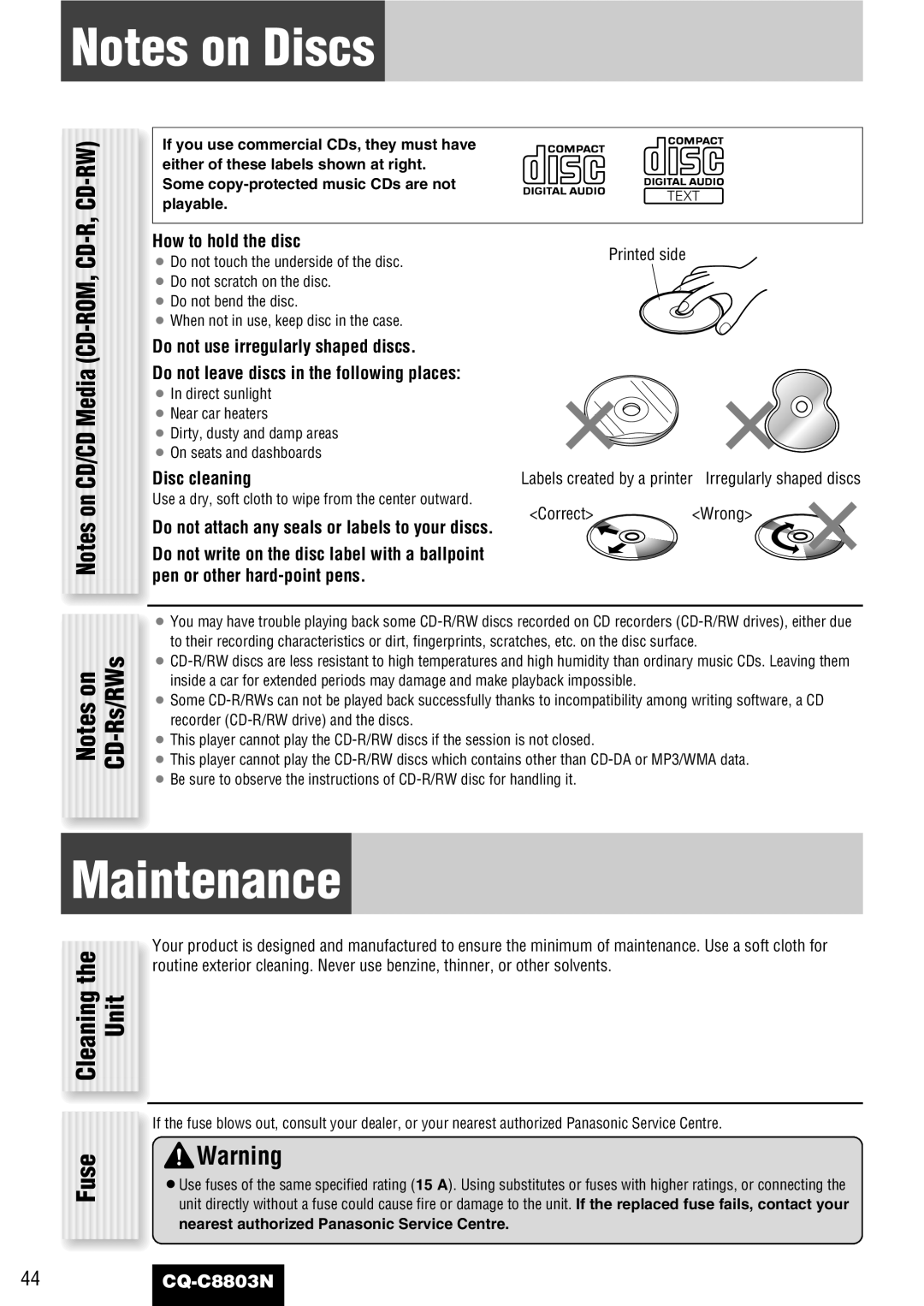 Panasonic CQ-C8803N Maintenance, Fuse, Cleaning the Unit, Disc cleaning, Nearest authorized Panasonic Service Centre 