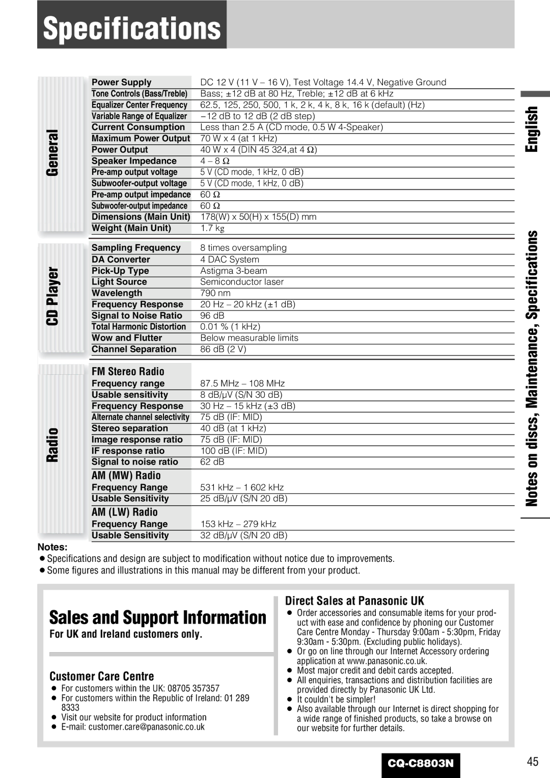 Panasonic CQ-C8803N Specifications, FM Stereo Radio, AM MW Radio, AM LW Radio, For UK and Ireland customers only 