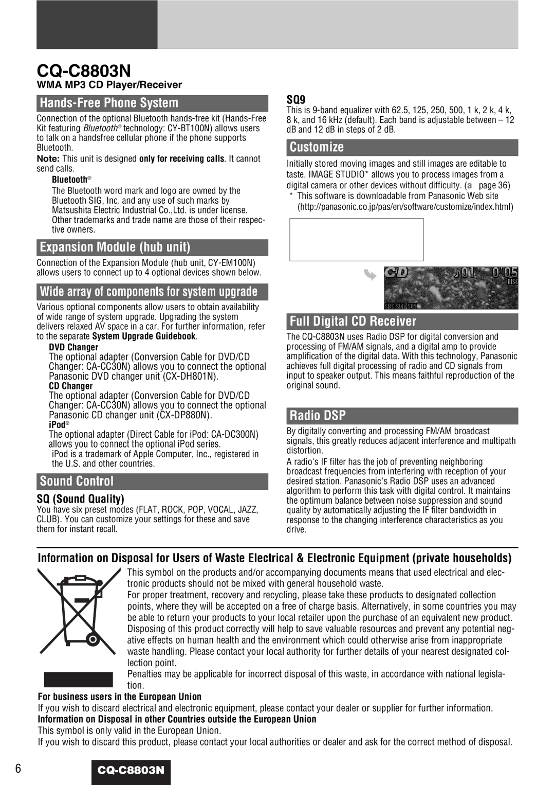 Panasonic CQ-C8803N operating instructions Features 