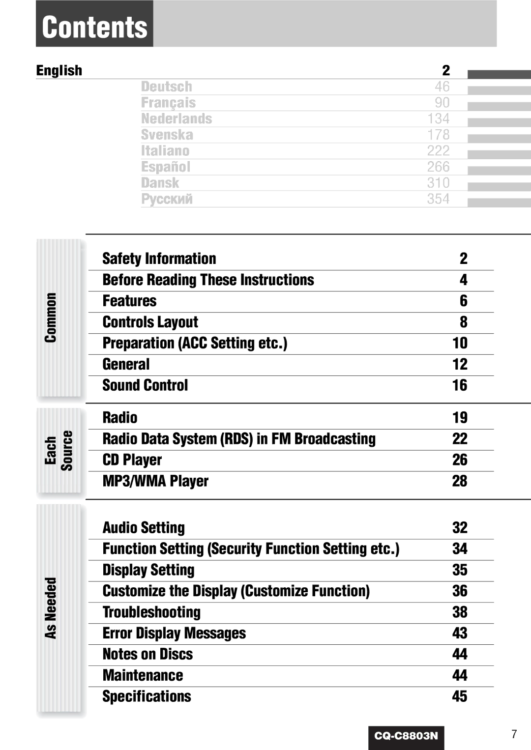 Panasonic CQ-C8803N operating instructions Contents 