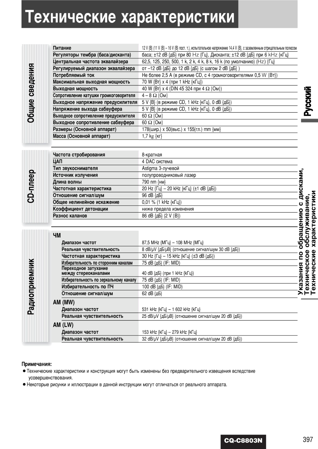 Panasonic CQ-C8803N operating instructions ÍÂıÌË˜ÂÒÍËÂ ı‡‡ÍÚÂËÒÚËÍË, ·‡˘Âìë˛ Ò ‰Ëòí‡Ïë, ·Òîûêë‚‡Ìëâ, ‡‡Íúâëòúëíë 