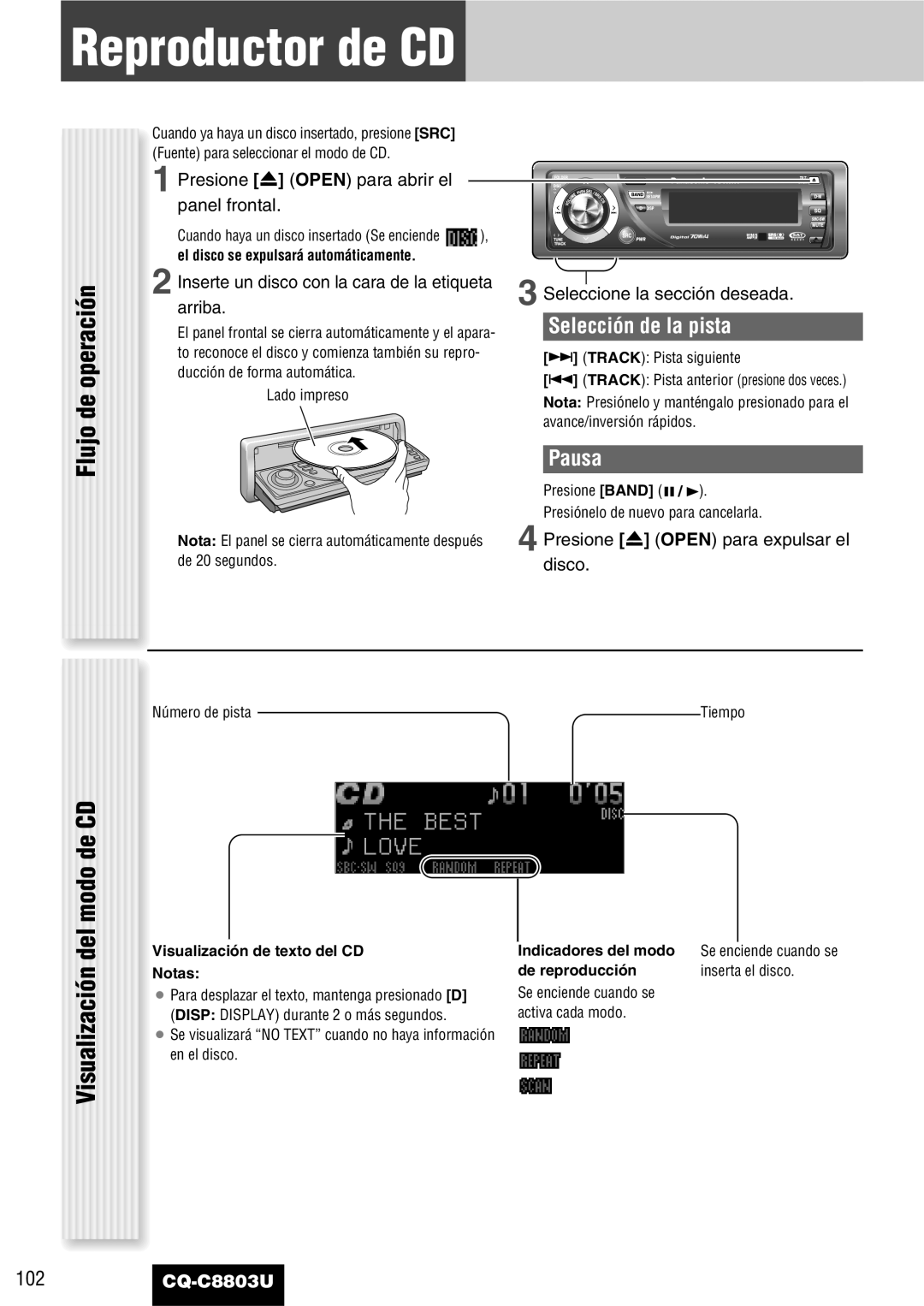 Panasonic CQ-C8803U Reproductor de CD, Flujo de operación, Visualización del modo de CD, Selección de la pista, Pausa 