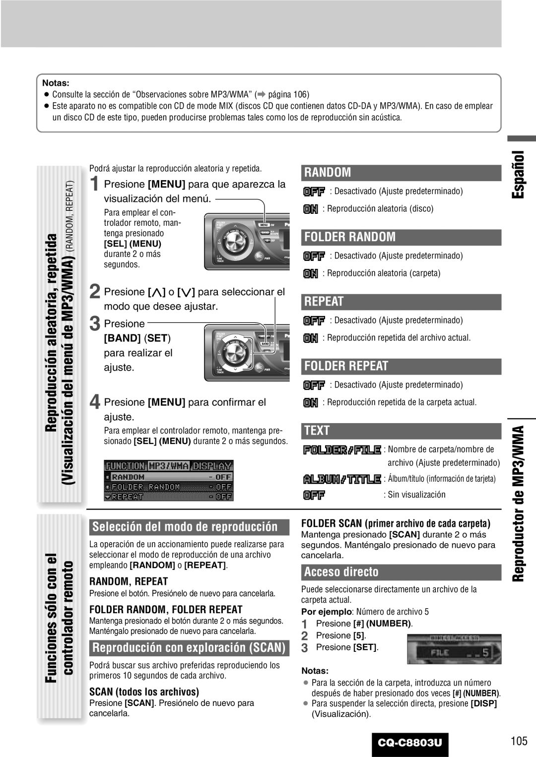 Panasonic CQ-C8803U Funciones sólo con el controlador remoto, Scan todos los archivos, SEL Menu durante 2 o más segundos 