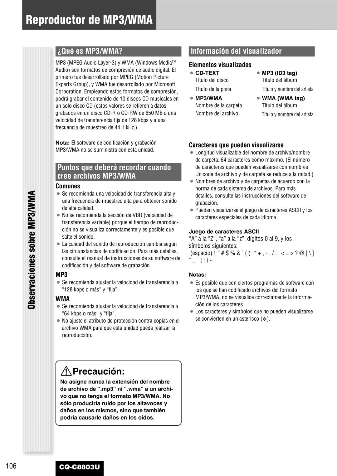 Panasonic CQ-C8803U Reproductor de MP3/WMA, Observaciones sobre MP3/WMA, ¿Qué es MP3/WMA?, Información del visualizador 