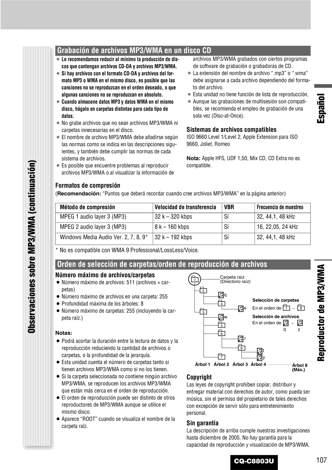 Panasonic CQ-C8803U operating instructions Grabación de archivos MP3/WMA en un disco CD, Reproductor de MP3/WMA 