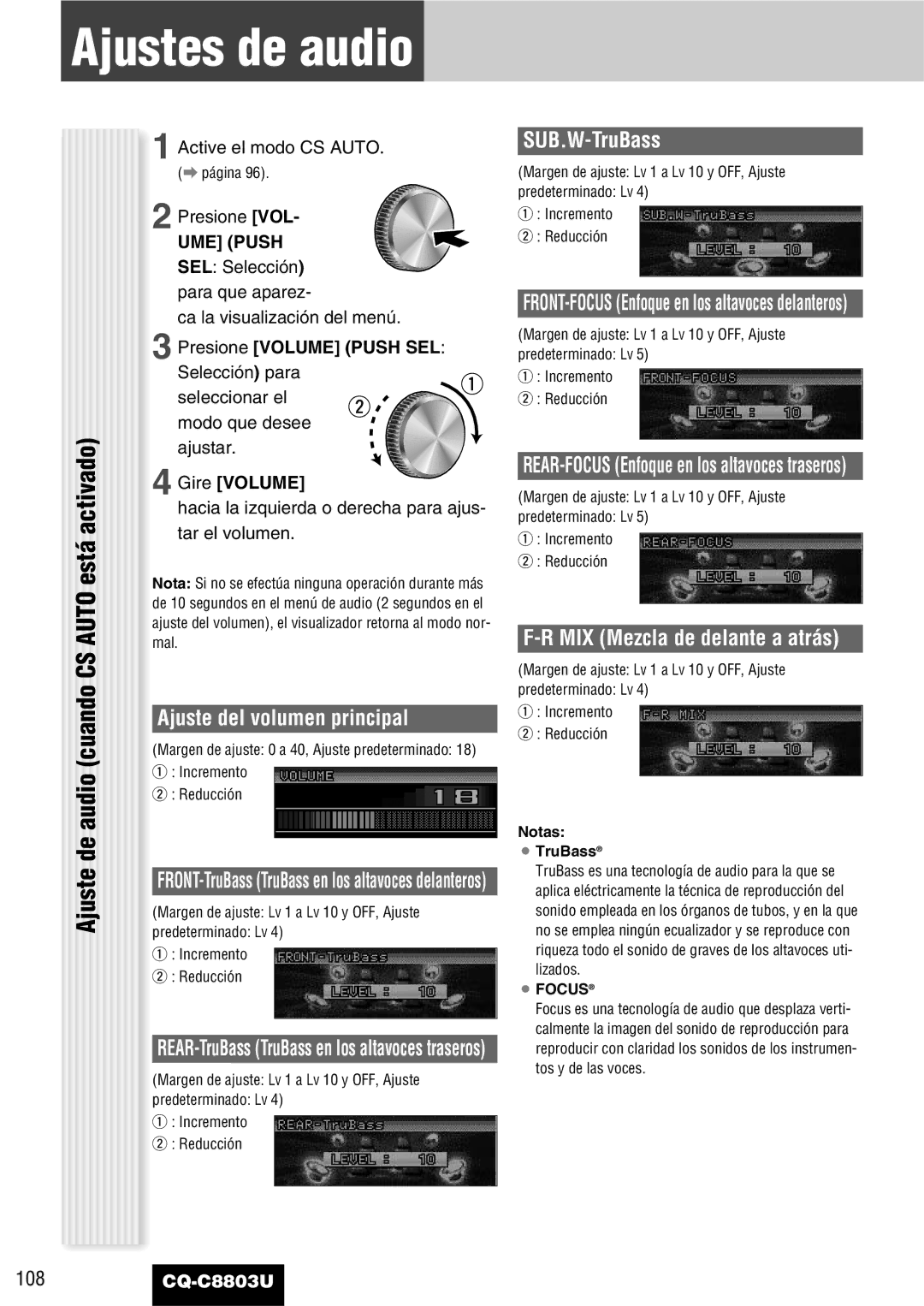 Panasonic CQ-C8803U operating instructions Ajustes de audio, Ajuste del volumen principal, MIX Mezcla de delante a atrás 