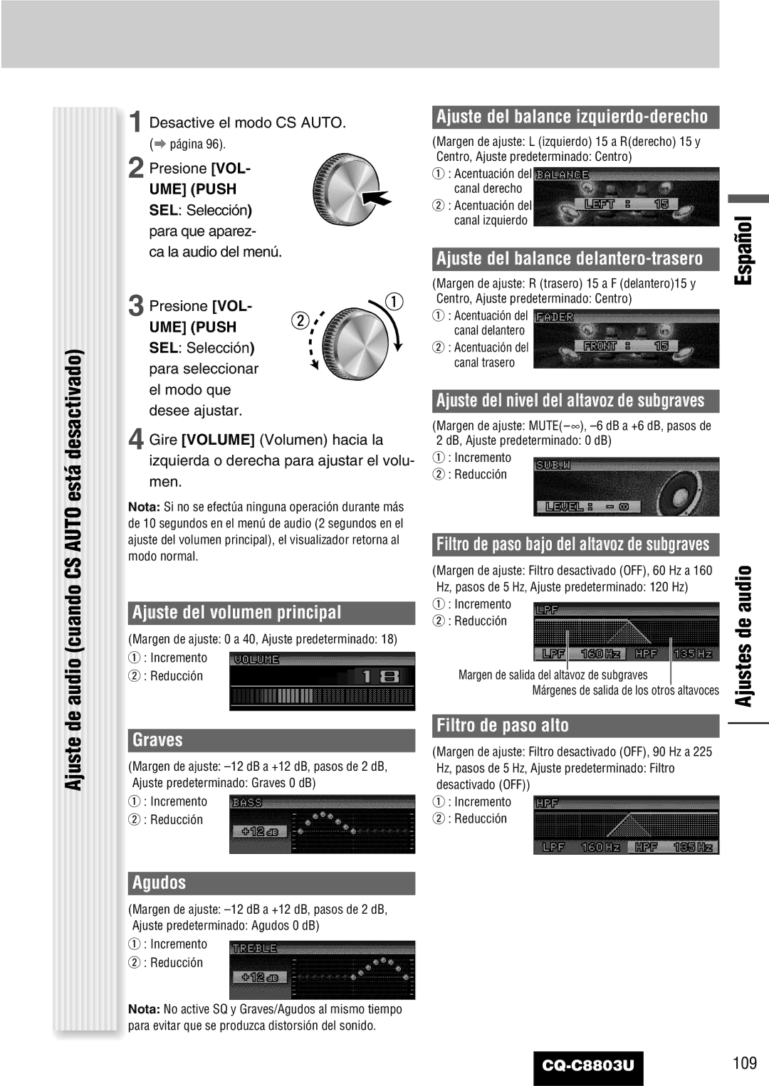 Panasonic CQ-C8803U operating instructions Graves, Agudos, Ajuste del balance izquierdo-derecho, Filtro de paso alto 