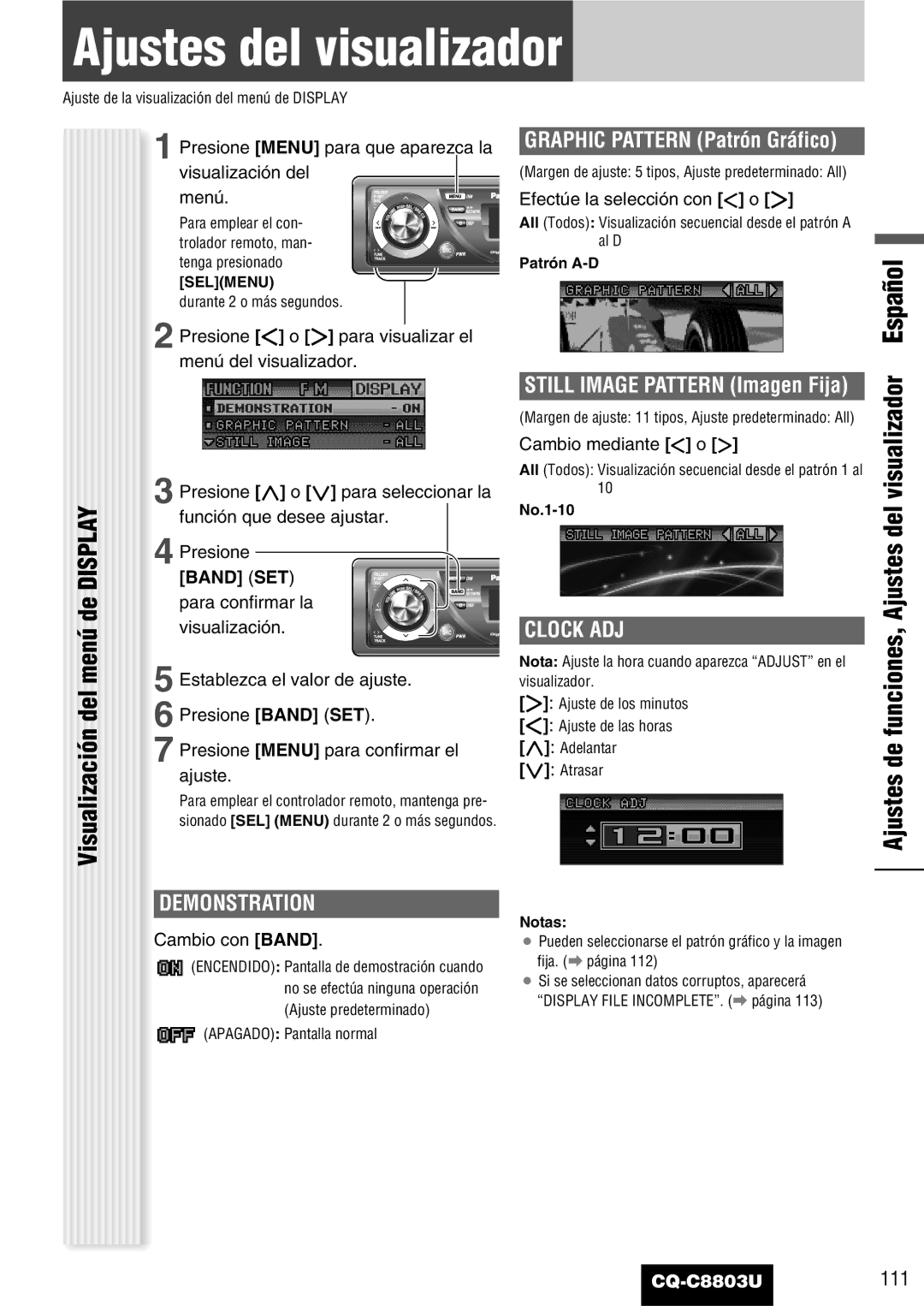 Panasonic CQ-C8803U operating instructions Del, Ajustes de funciones, Ajustes del visualizador Español, Menú 