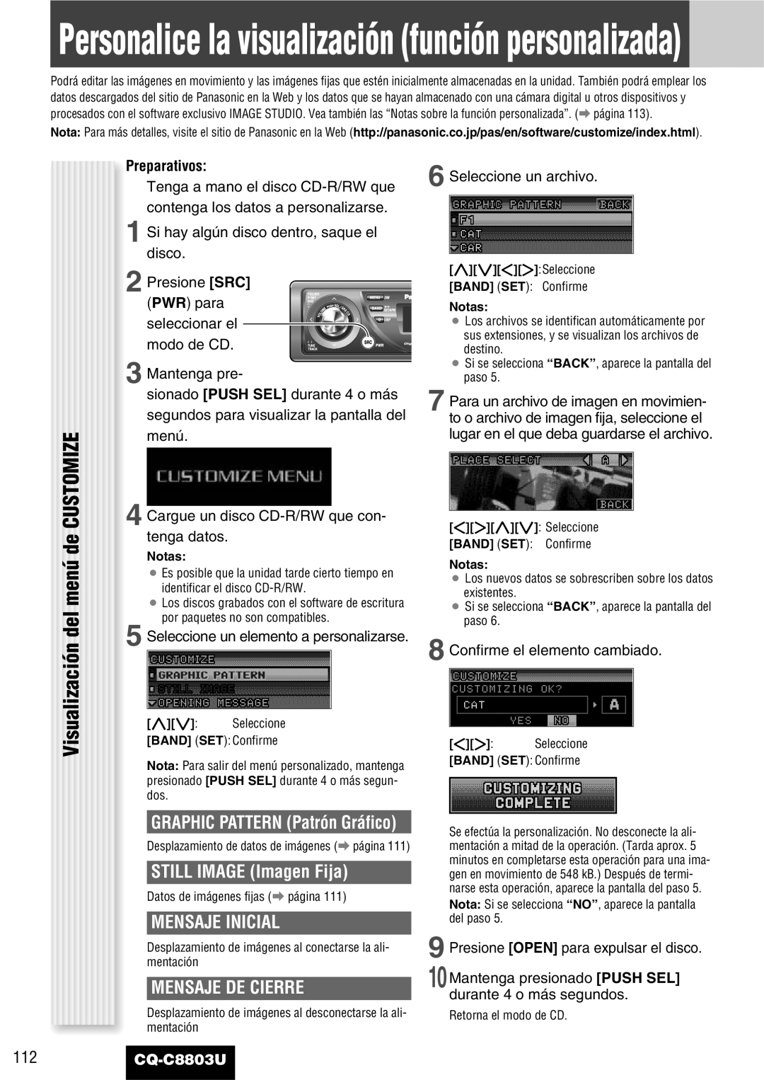 Panasonic CQ-C8803U Visualización del menú de Customize, Still Image Imagen Fija, Mensaje Inicial, Mensaje DE Cierre 