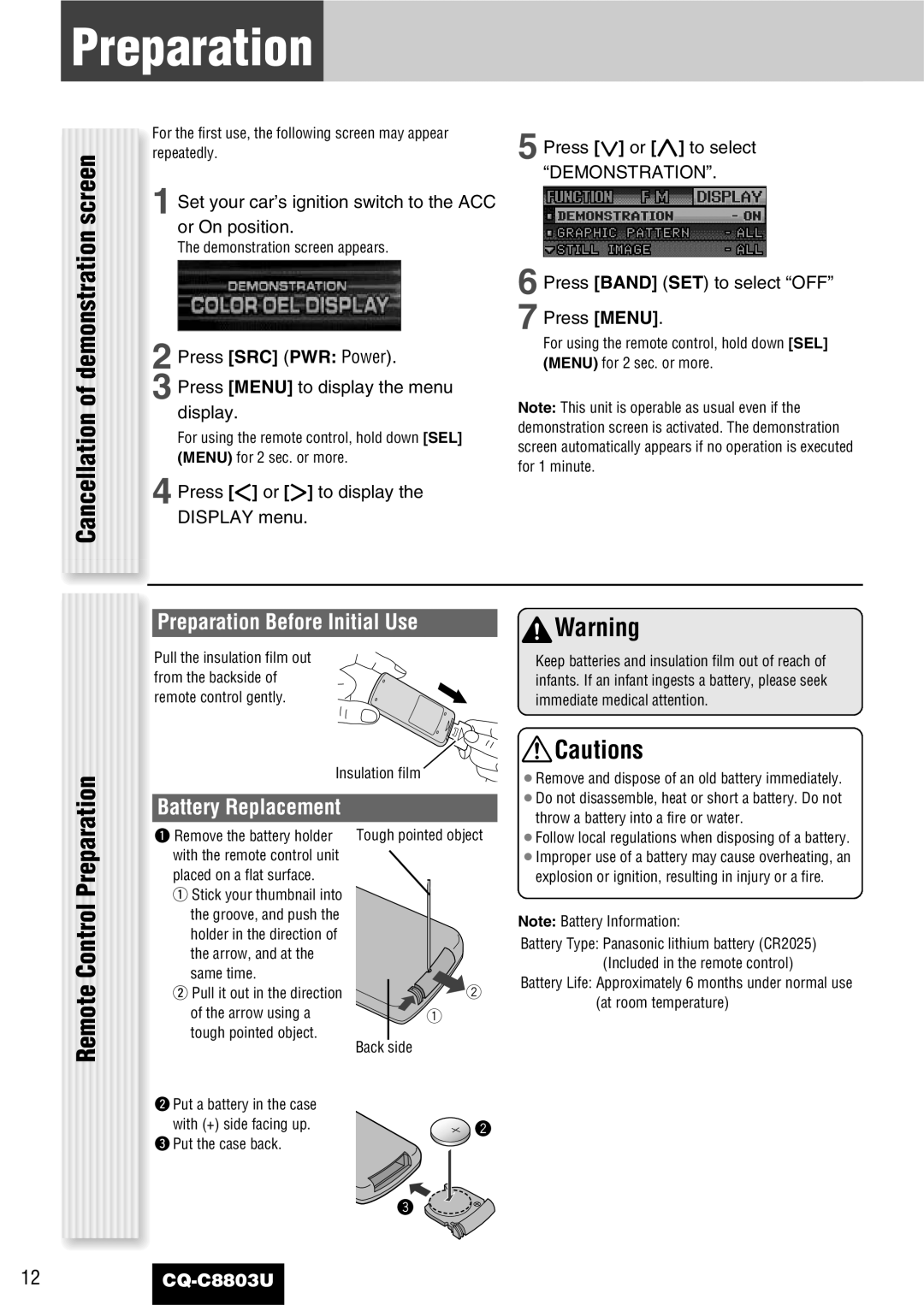 Panasonic CQ-C8803U Demonstration screen, Remote Control Preparation, Preparation Before Initial Use 