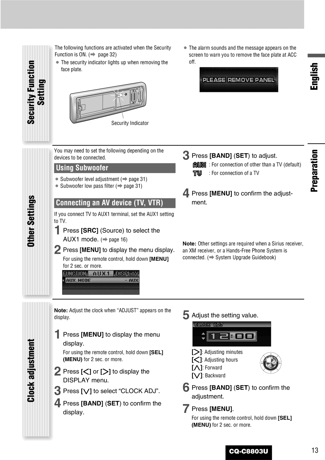 Panasonic CQ-C8803U operating instructions Security Function Setting, Settings, Preparation, Clock adjustment, Other 