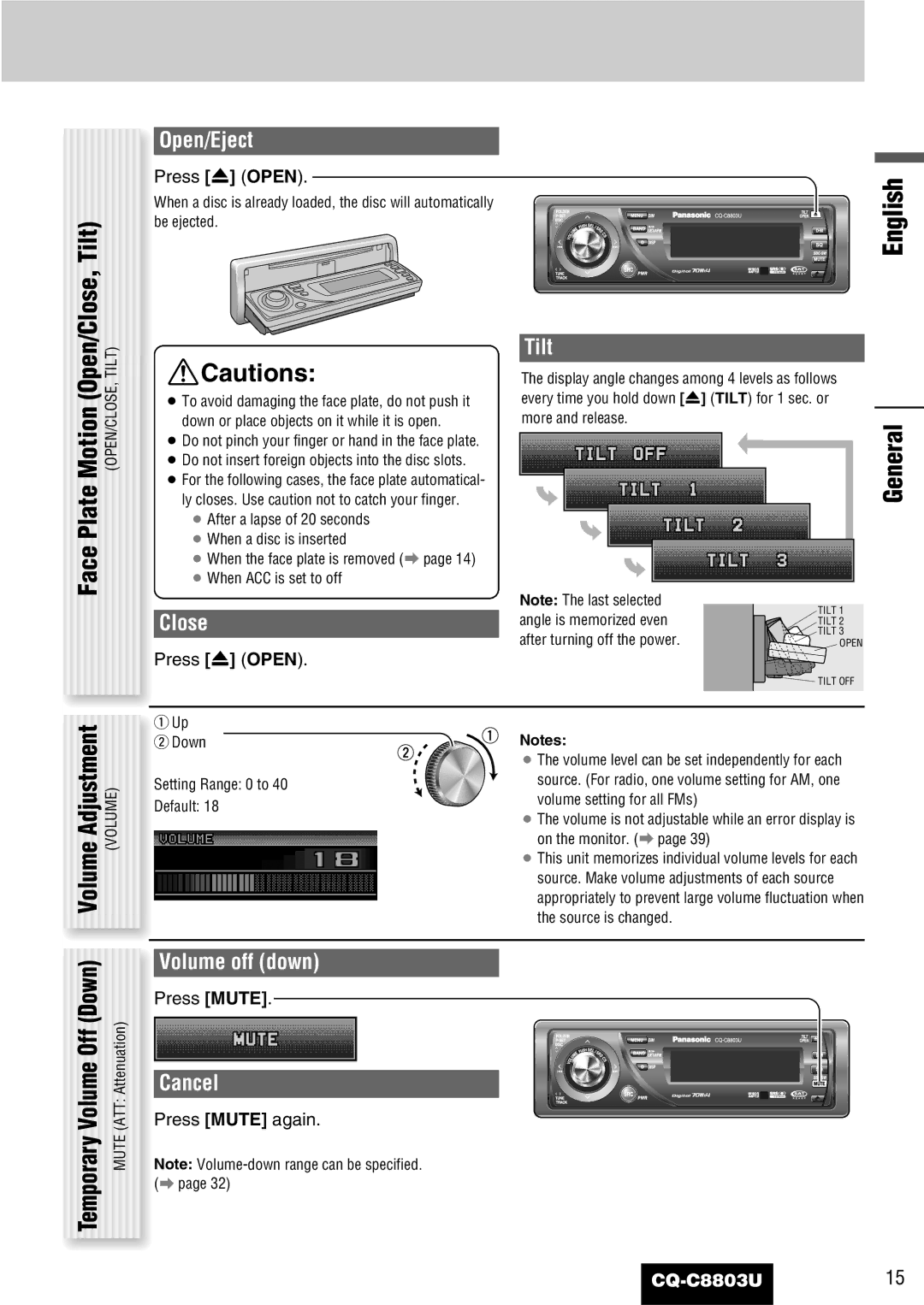 Panasonic CQ-C8803U operating instructions Motion Open/Close, Tilt, Face Plate, Volume Off Down 