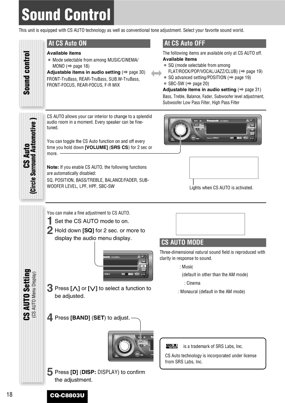 Panasonic CQ-C8803U operating instructions Sound Control, At CS Auto on, At CS Auto OFF, CS Auto Mode 