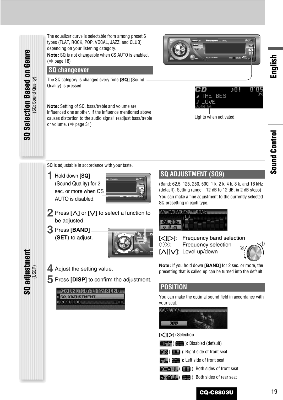 Panasonic CQ-C8803U Selection Based on Genre, Sound Control, SQ changeover, SQ Adjustment SQ9, Position 