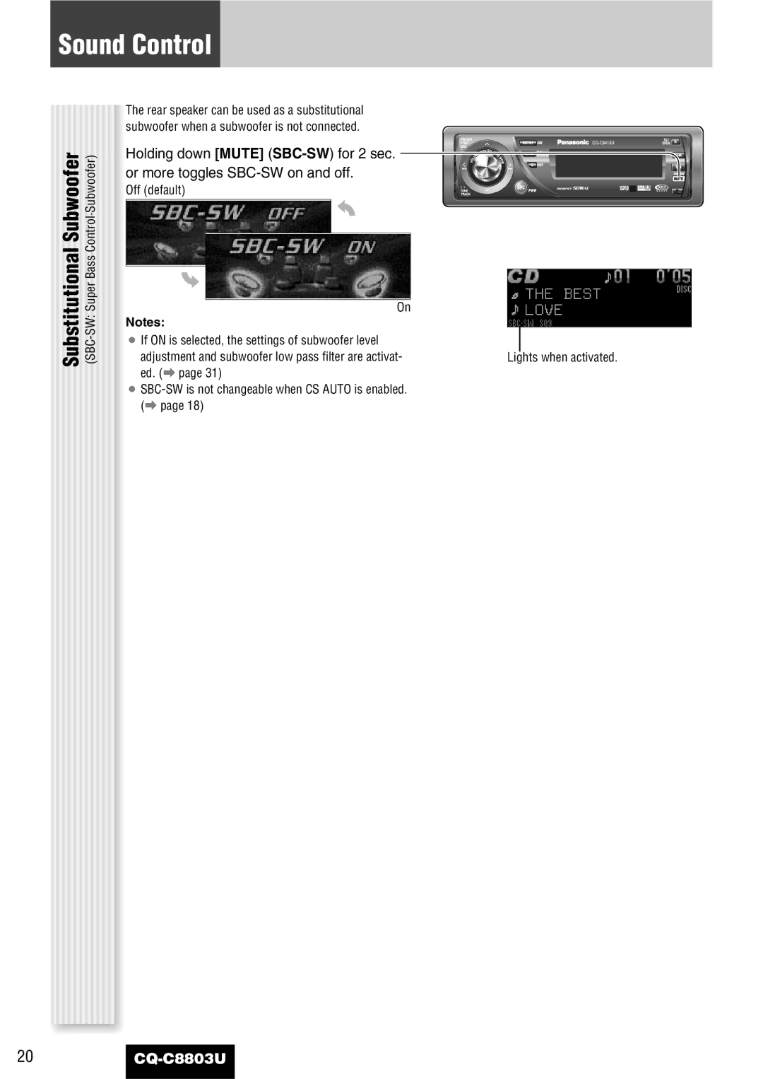 Panasonic CQ-C8803U operating instructions Sound Control, Substitutional Subwoofer, SBC-SW Super Bass Control·Subwoofer 