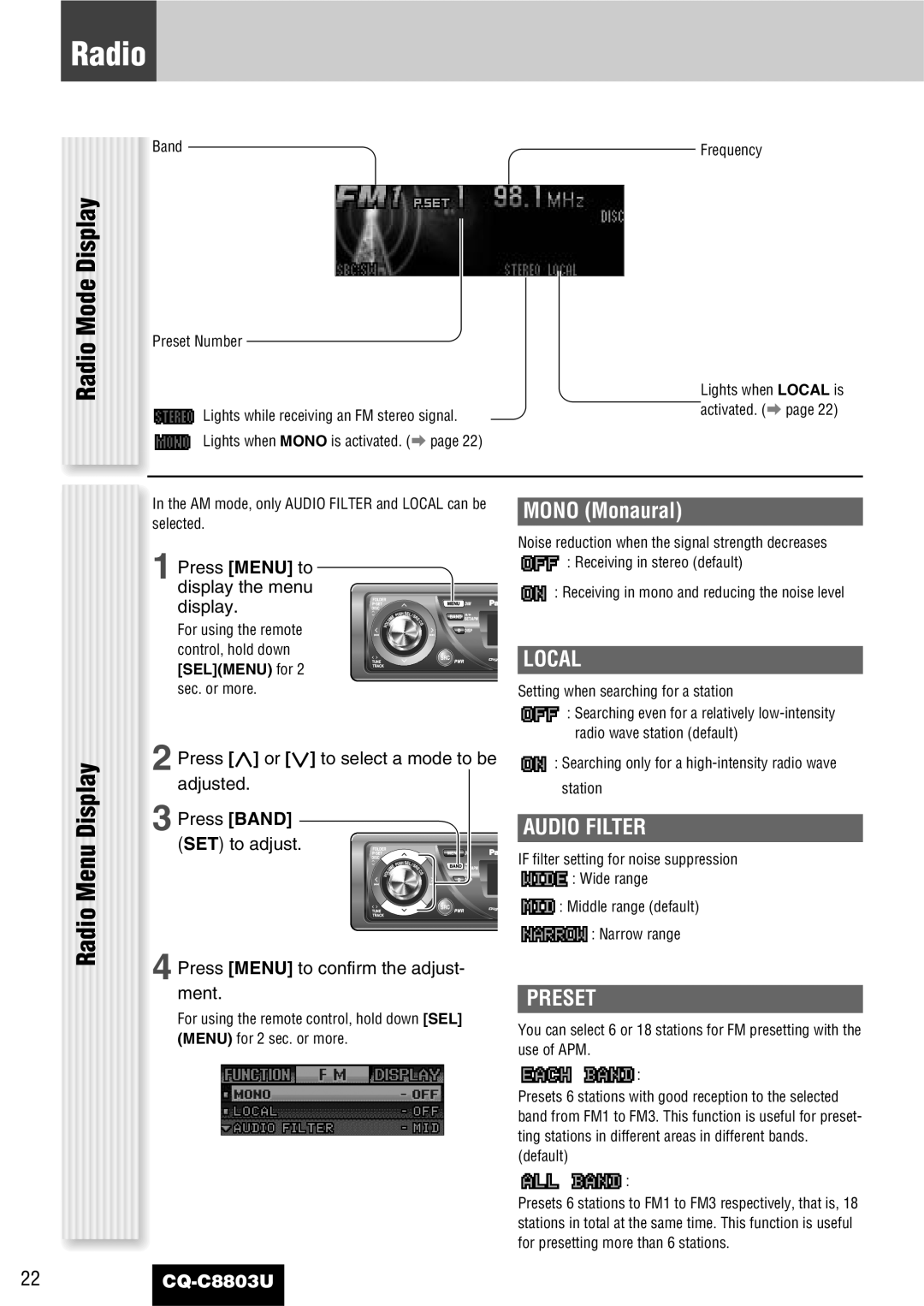 Panasonic CQ-C8803U operating instructions Radio Mode Display, Radio Menu Display 