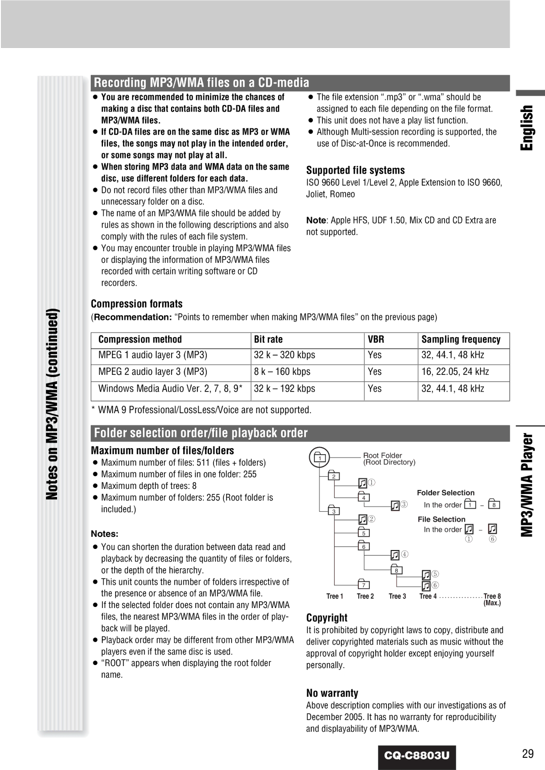 Panasonic CQ-C8803U Recording MP3/WMA files on a CD-media, Folder selection order/file playback order 