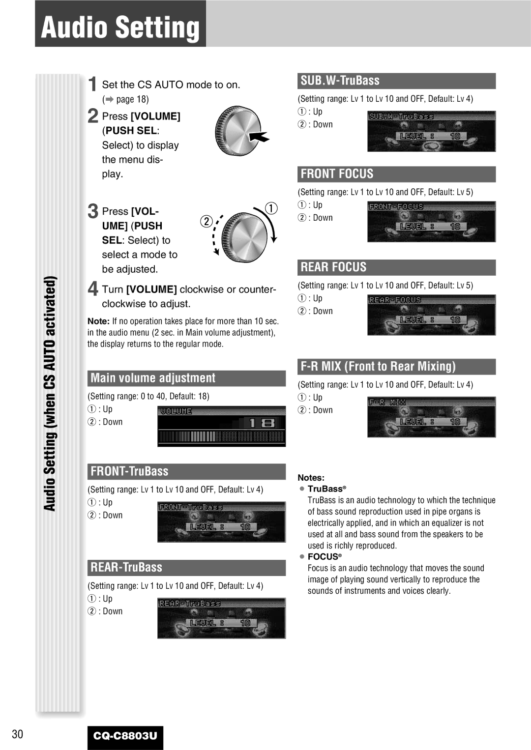 Panasonic CQ-C8803U operating instructions Auto activated, Audio Setting when CS, Front Focus, Rear Focus 