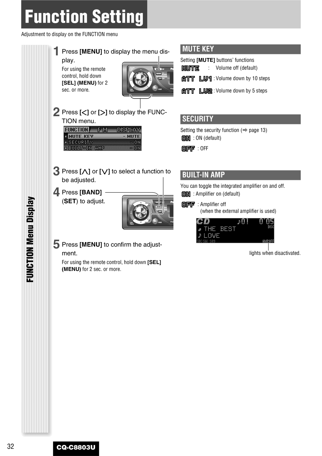 Panasonic CQ-C8803U Function Setting, Mute KEY, Security, Built-In Amp, Press Menu to confirm the adjust 