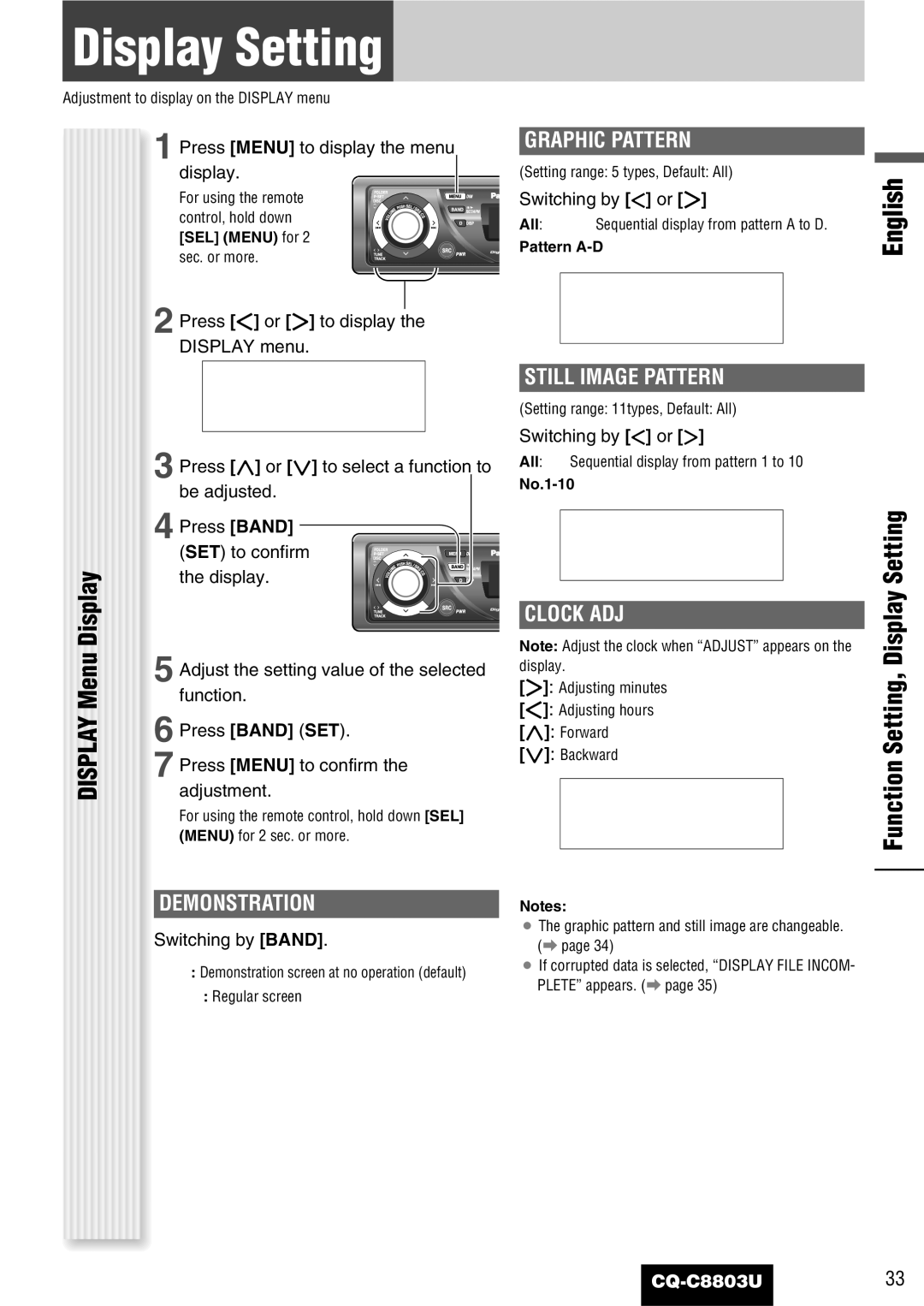 Panasonic CQ-C8803U operating instructions Function Setting, Display Setting 