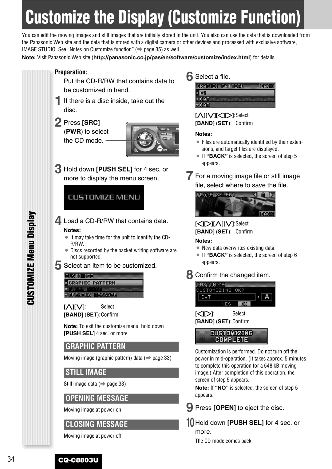 Panasonic CQ-C8803U Customize Menu Display, Still Image, Opening Message, Closing Message, Preparation 