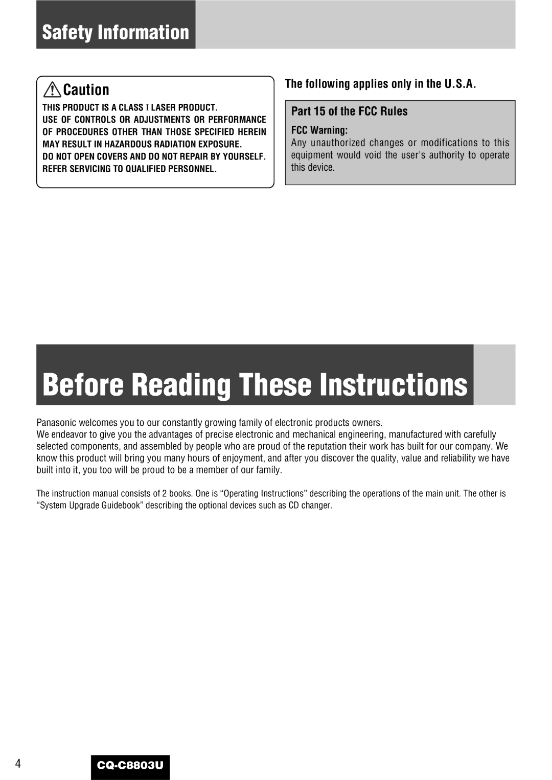 Panasonic CQ-C8803U operating instructions Before Reading These Instructions, Safety Information, FCC Warning 