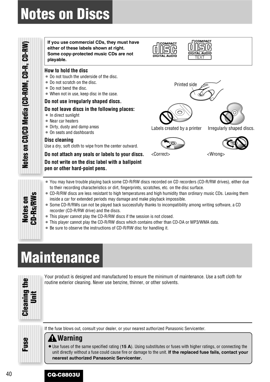 Panasonic CQ-C8803U operating instructions Maintenance, Fuse, Cleaning the Unit 