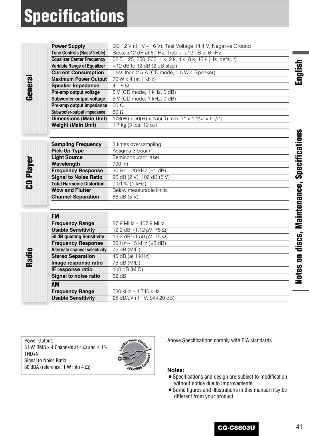 Panasonic CQ-C8803U operating instructions Specifications 