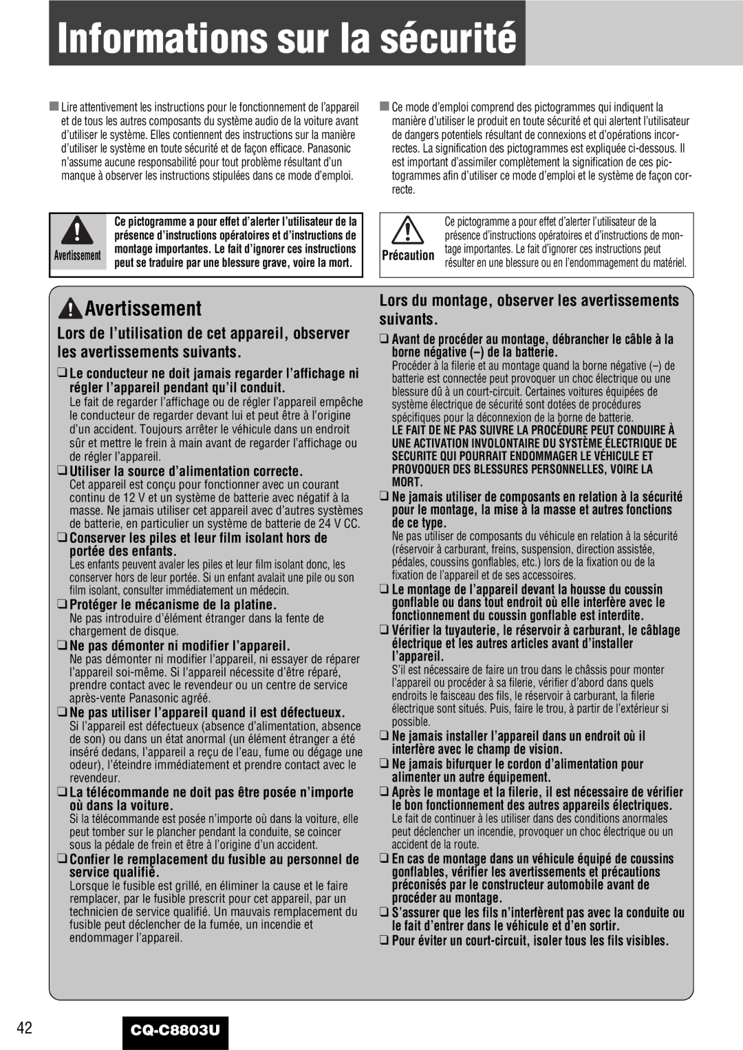 Panasonic CQ-C8803U Informations sur la sécurité, Avertissement, Lors du montage, observer les avertissements suivants 