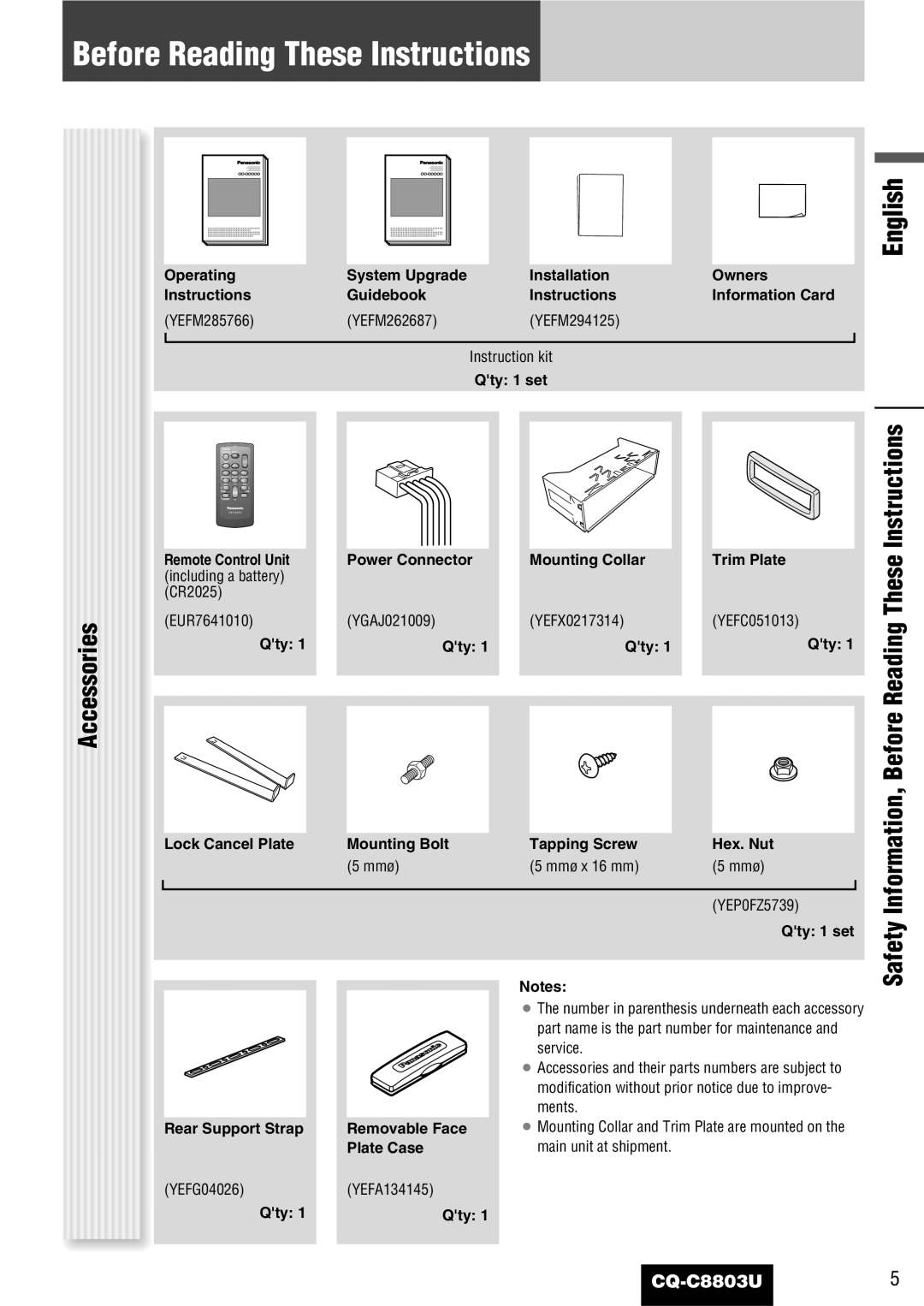 Panasonic CQ-C8803U operating instructions Before Reading These Instructions, Accessories 