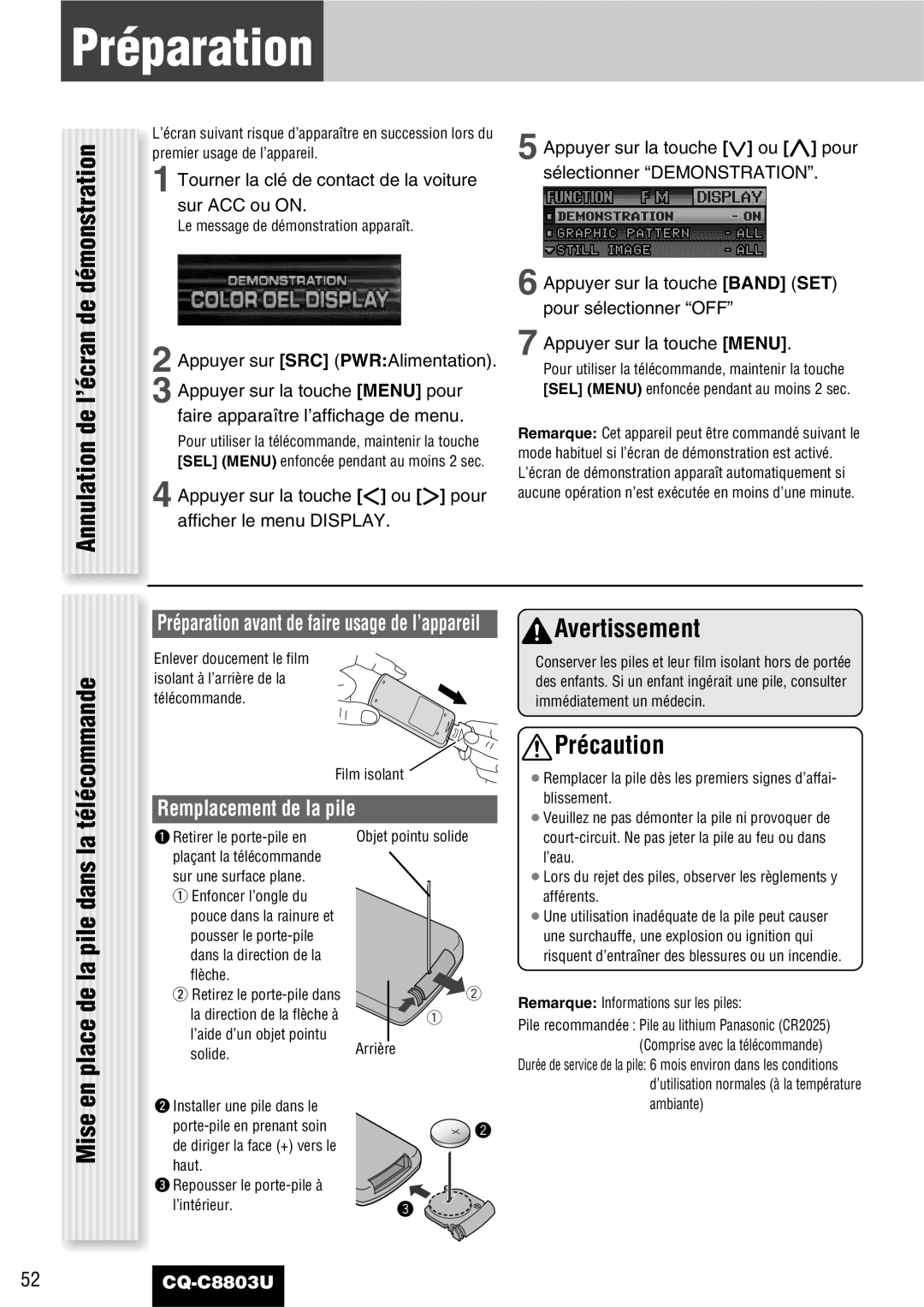 Panasonic CQ-C8803U operating instructions Préparation, Mise en place de la pile dans la, Remplacement de la pile 