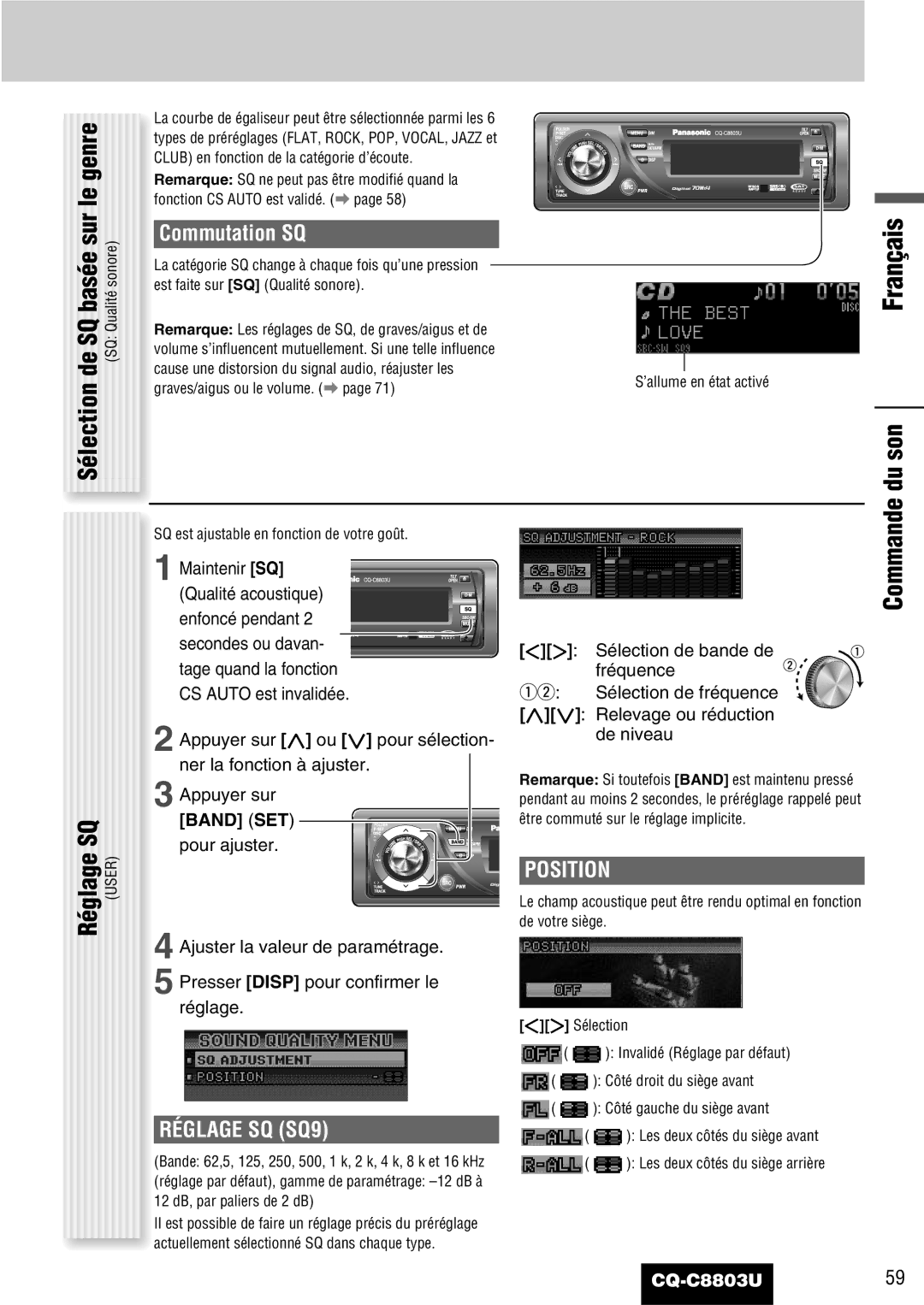 Panasonic CQ-C8803U De SQ basée sur le genre SQ Qualité sonore, Commande du son, Commutation SQ, Réglage SQ SQ9, Sélection 