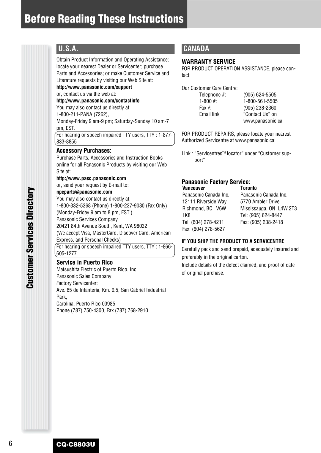 Panasonic CQ-C8803U operating instructions Customer Services Directory, Canada, Accessory Purchases, Service in Puerto Rico 