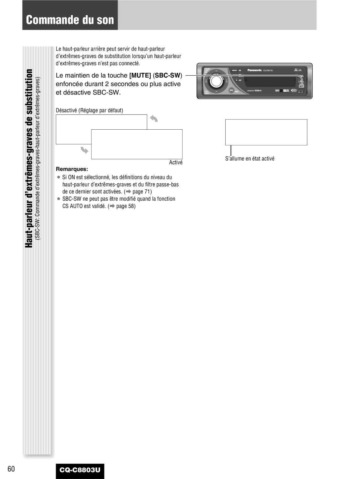 Panasonic CQ-C8803U operating instructions Commande du son, Désactivé Réglage par défaut Activé 