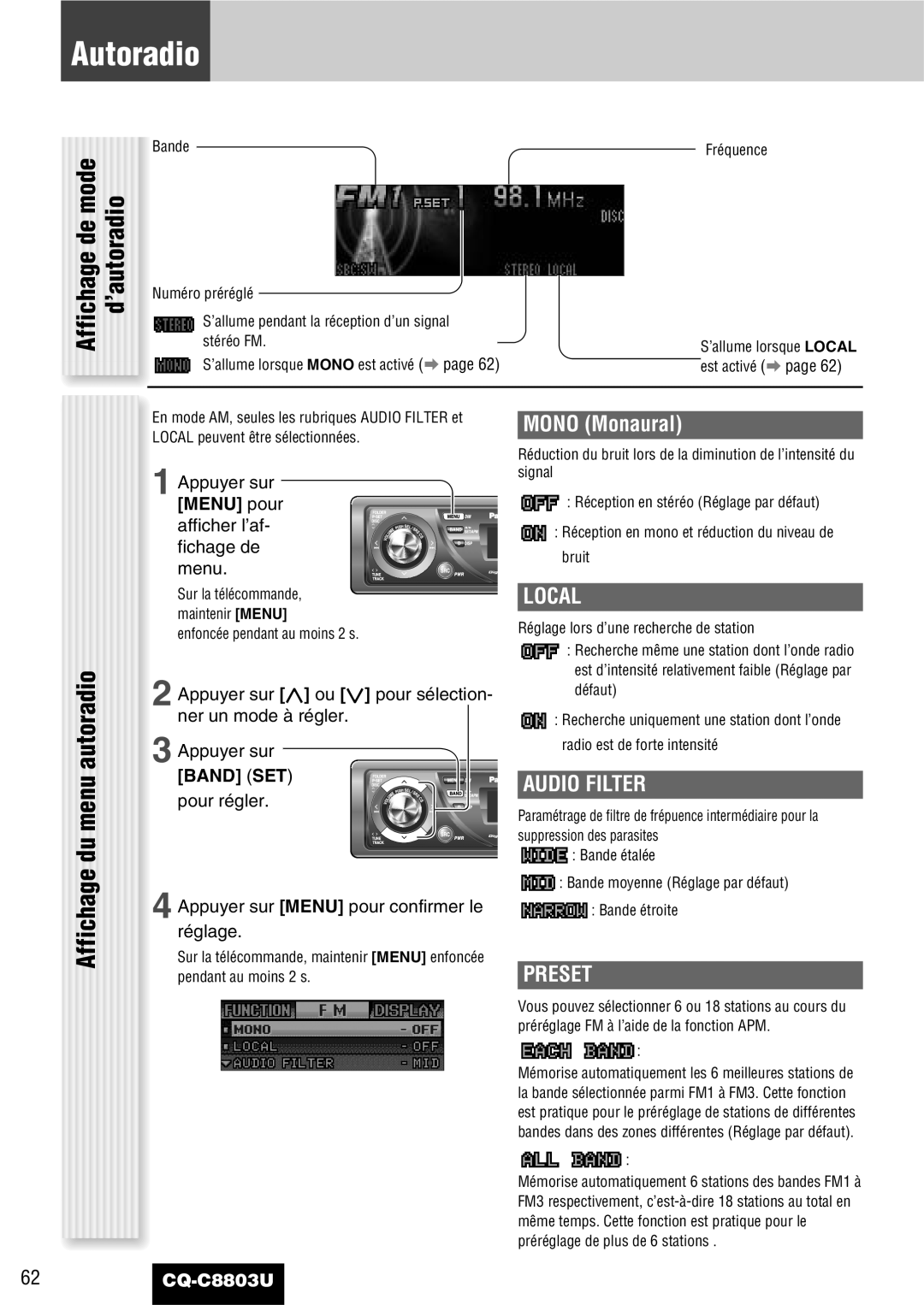 Panasonic CQ-C8803U operating instructions Autoradio, Affichage du menu autoradio, Affichage de mode d’autoradio 