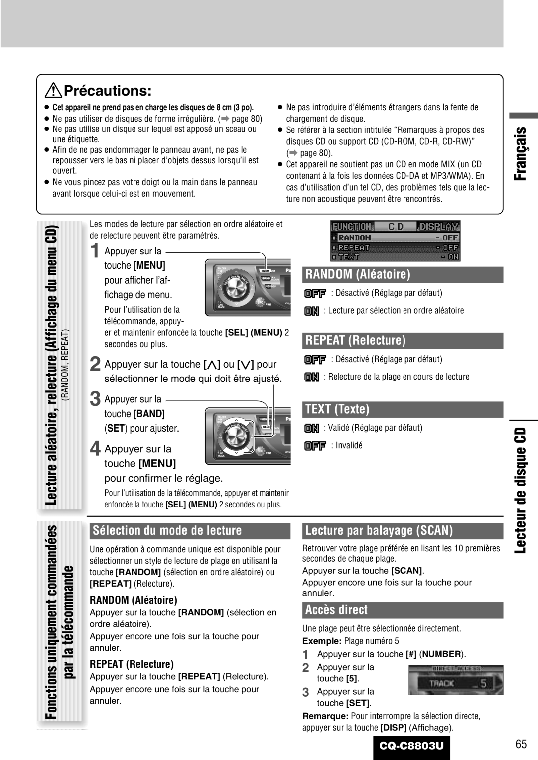 Panasonic CQ-C8803U operating instructions Lecteur de disque CD 