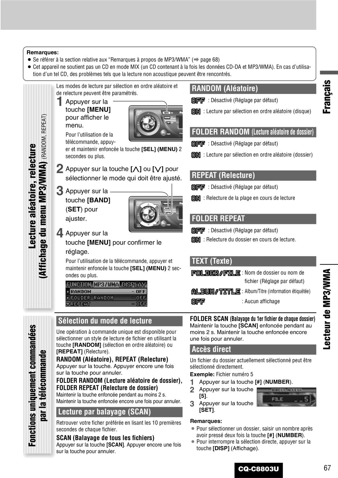 Panasonic CQ-C8803U operating instructions Lecteur de MP3/WMA 