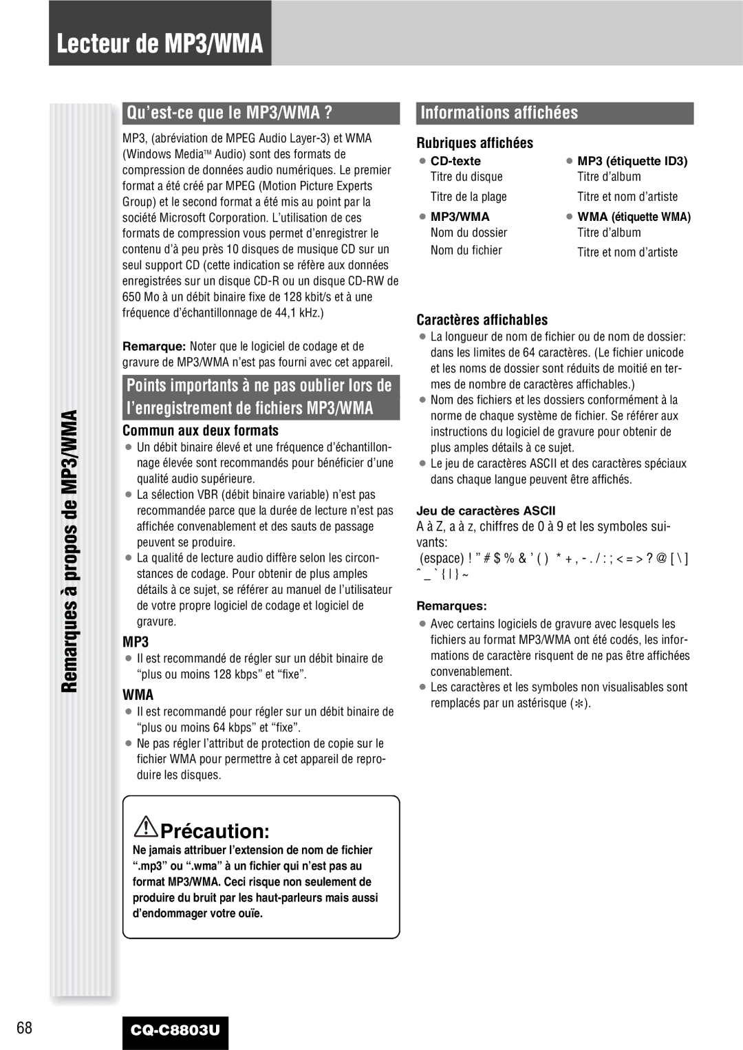 Panasonic CQ-C8803U operating instructions Lecteur de MP3/WMA, Qu’est-ce que le MP3/WMA ?, Informations affichées 