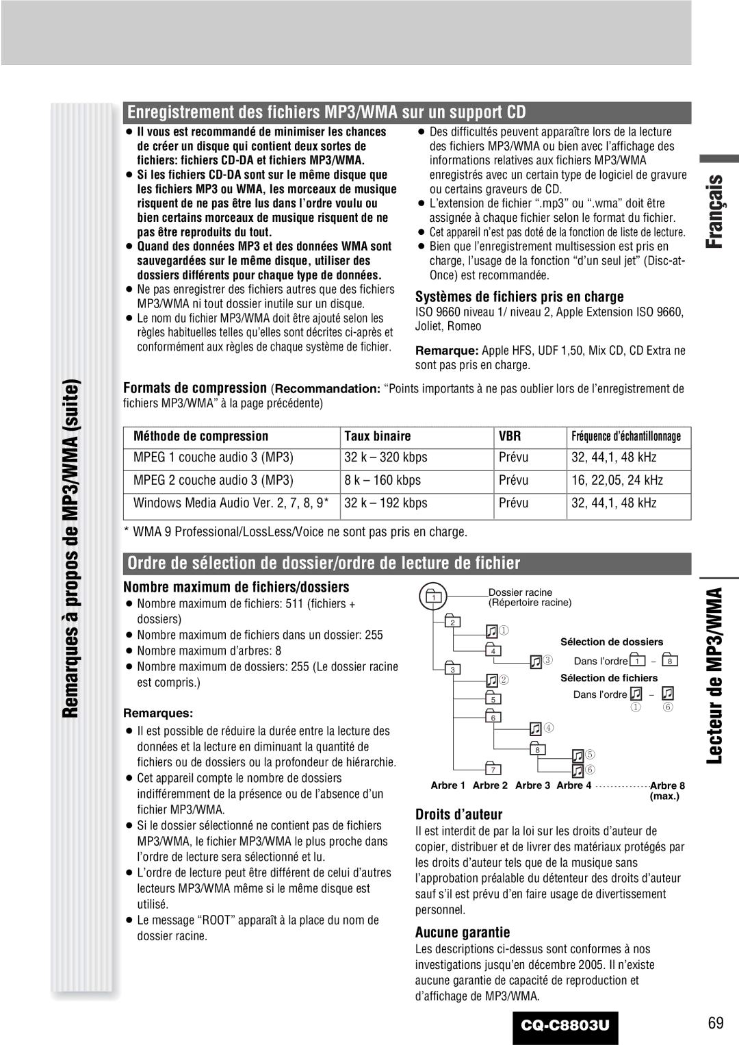 Panasonic CQ-C8803U operating instructions Lecteur de MP3/WMA, Enregistrement des fichiers MP3/WMA sur un support CD 