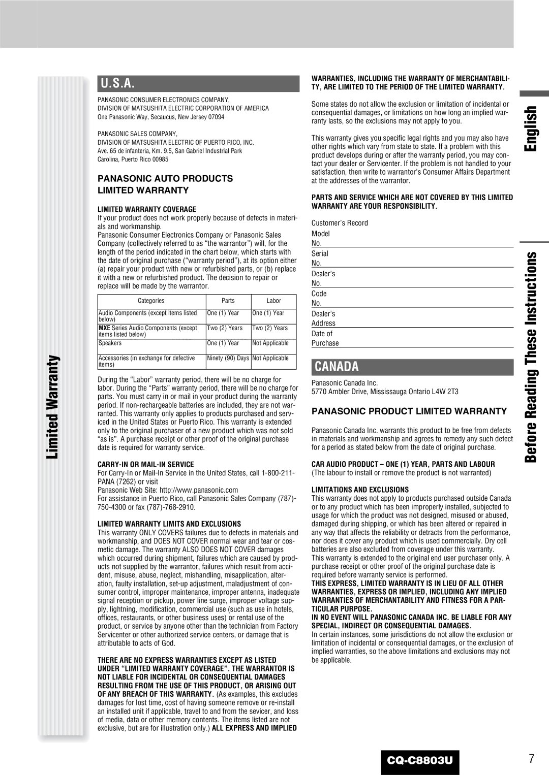 Panasonic CQ-C8803U operating instructions Limited Warranty, Before Reading These Instructions 