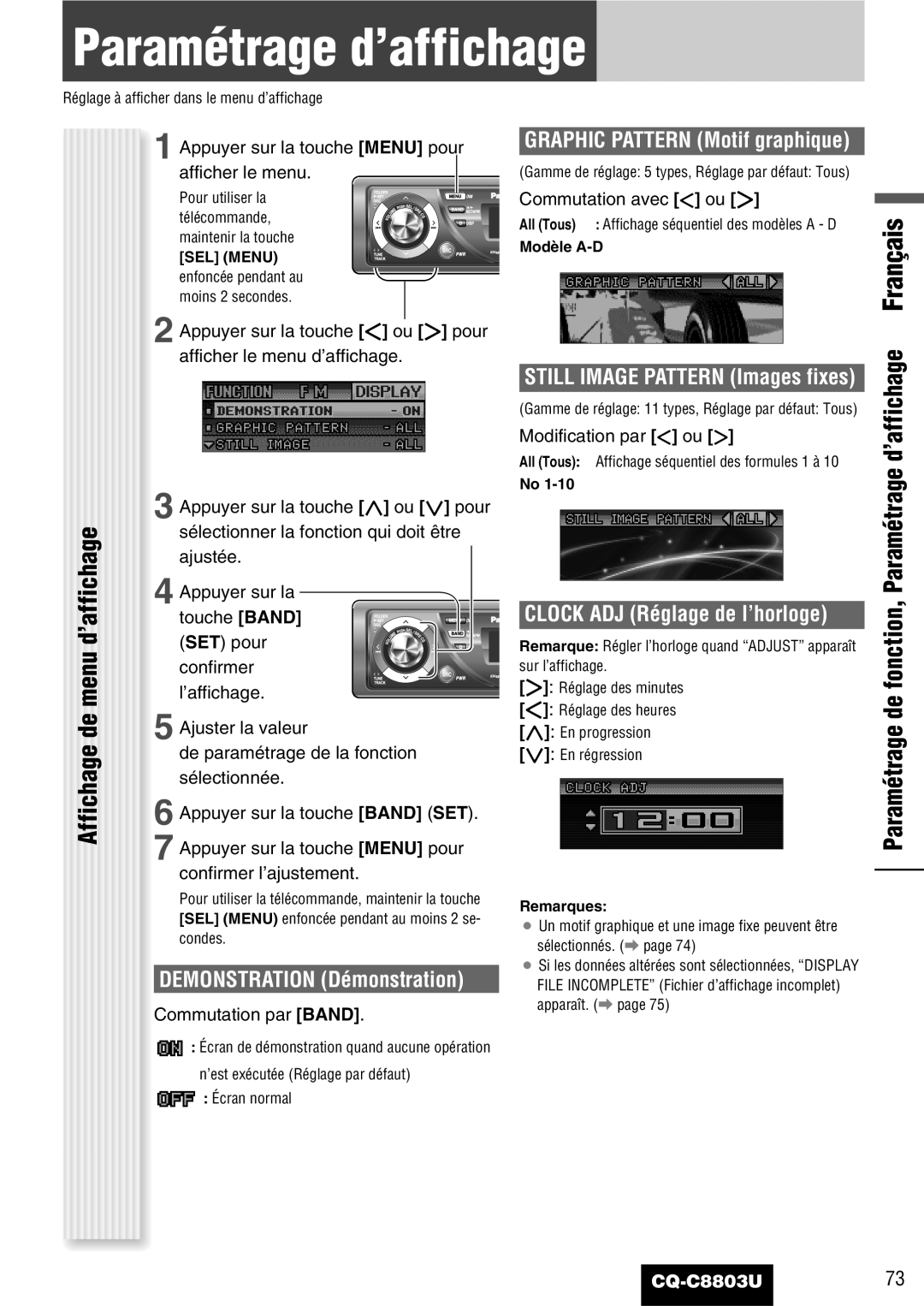 Panasonic CQ-C8803U Paramétrage d’affichage, Affichage de menu d’affichage, Demonstration Démonstration 