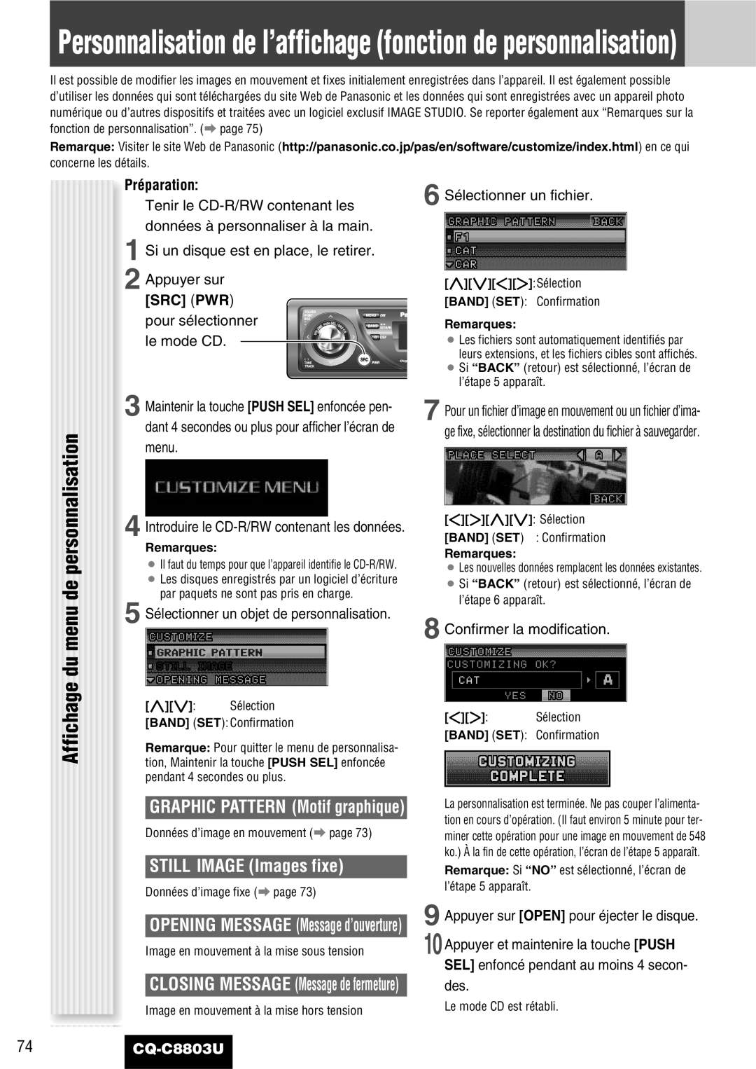 Panasonic CQ-C8803U operating instructions Still Image Images fixe, Préparation, Sélectionner un objet de personnalisation 