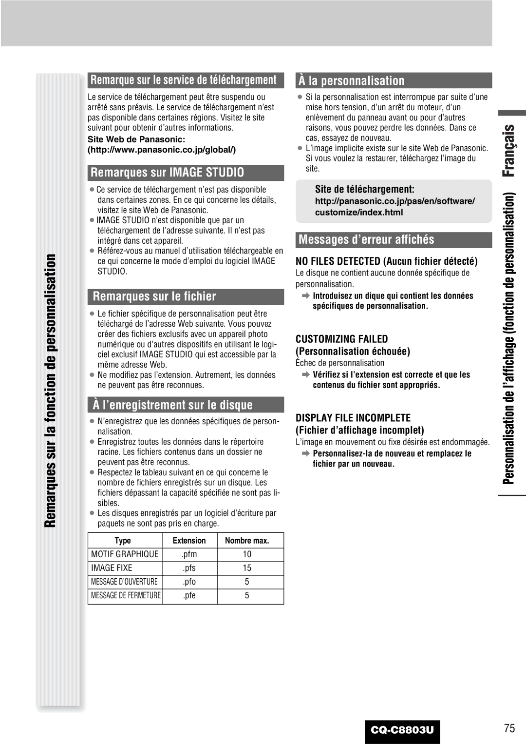 Panasonic CQ-C8803U operating instructions Fonction de personnalisation, Remarques sur la 