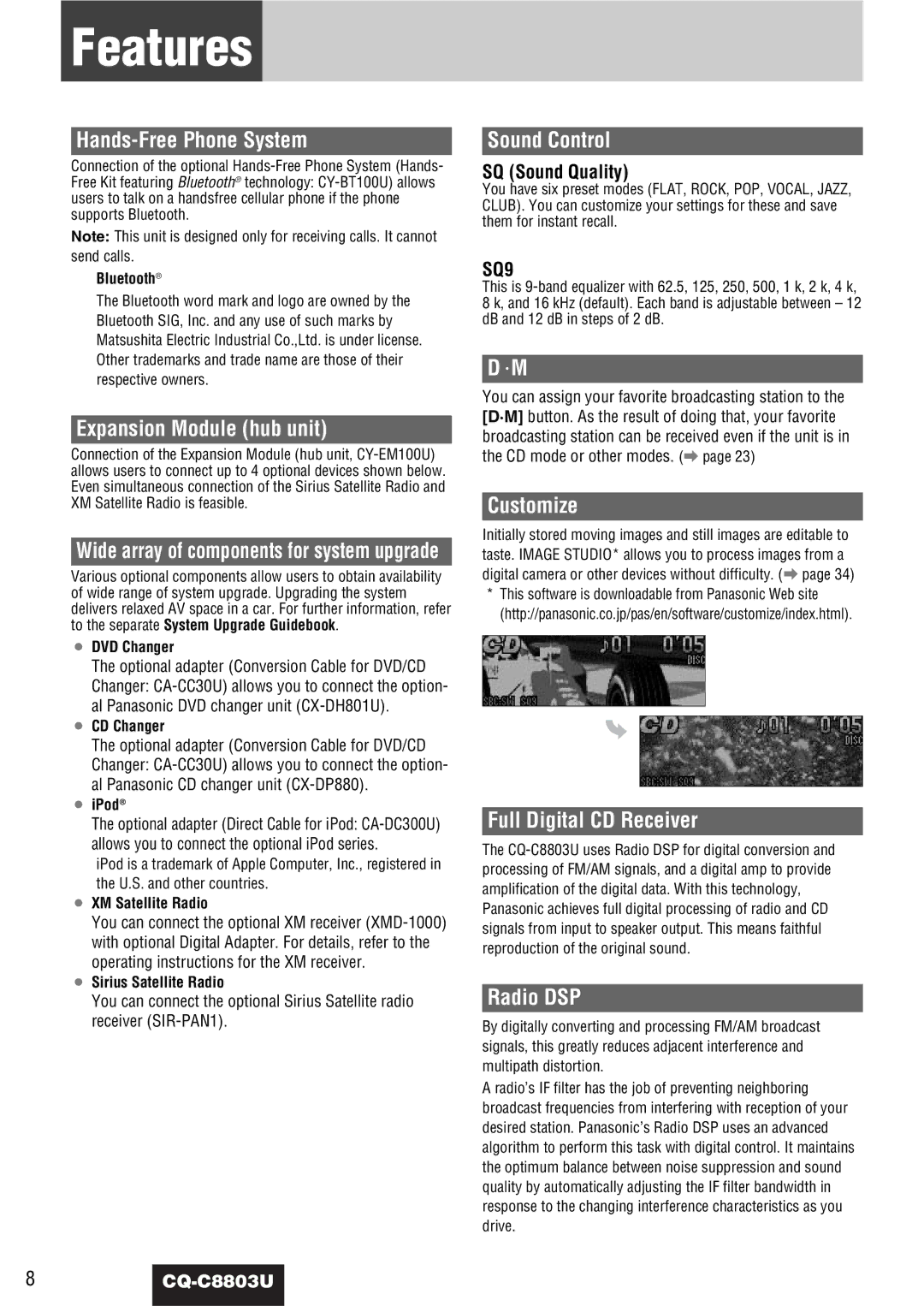 Panasonic CQ-C8803U operating instructions Features 