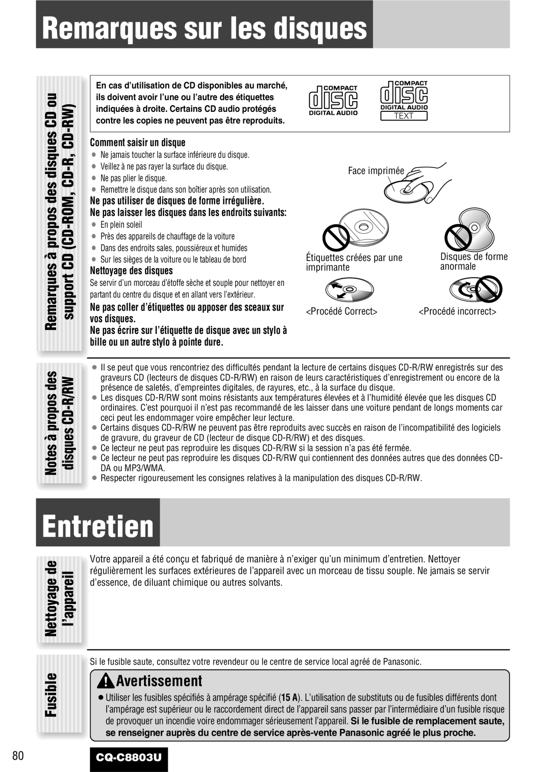 Panasonic CQ-C8803U operating instructions Remarques sur les disques, Entretien, Fusible, Propos des disques 