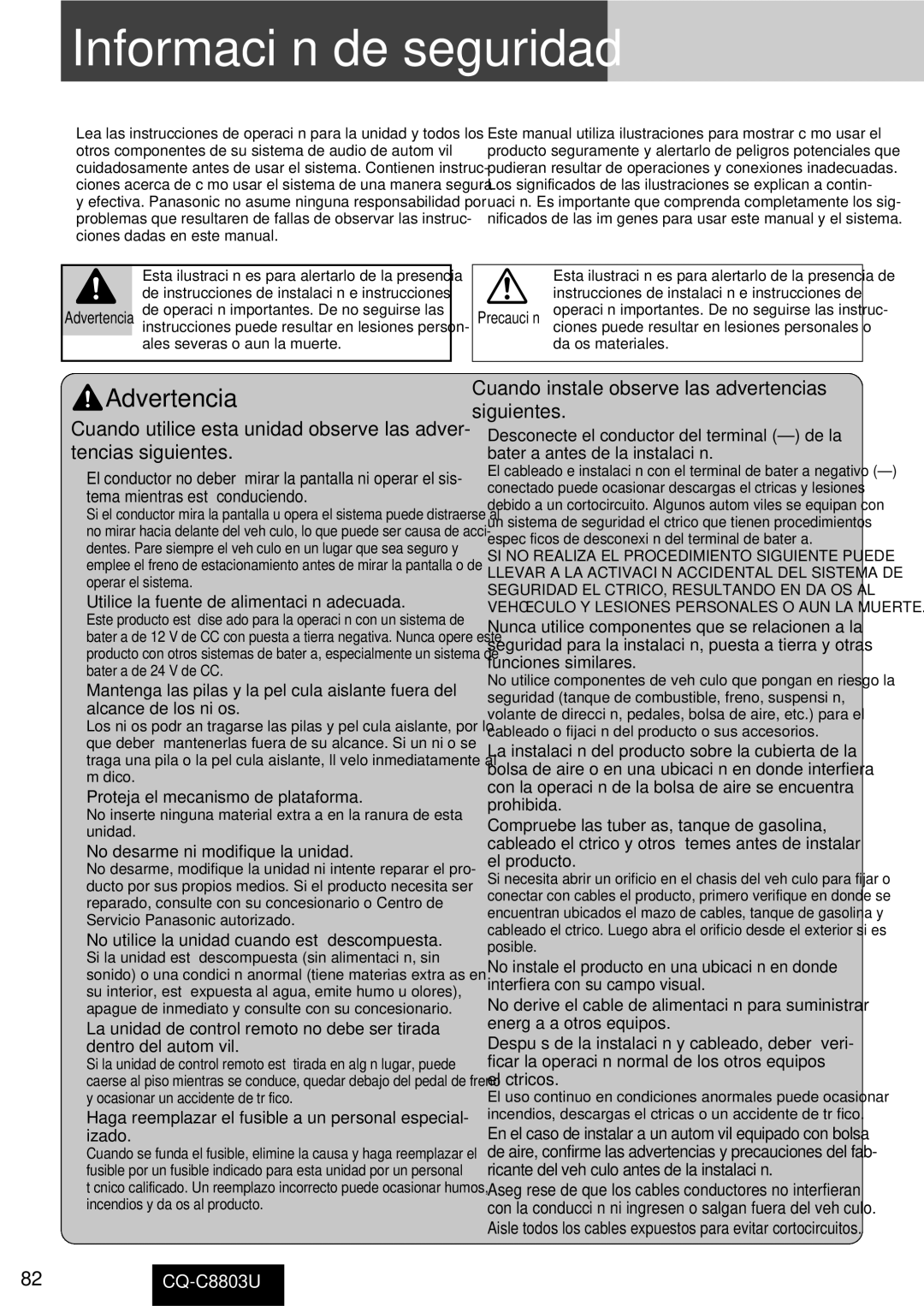 Panasonic CQ-C8803U Información de seguridad, Advertencia, Cuando instale observe las advertencias siguientes 