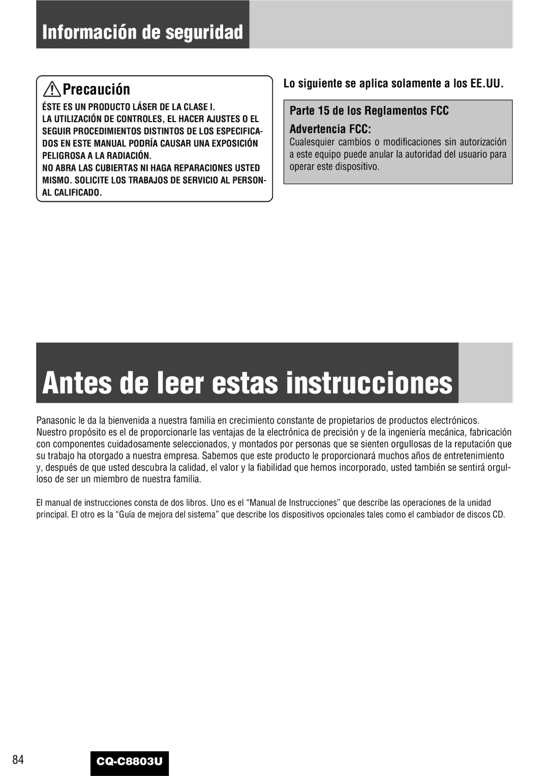 Panasonic CQ-C8803U operating instructions Antes de leer estas instrucciones, Información de seguridad 