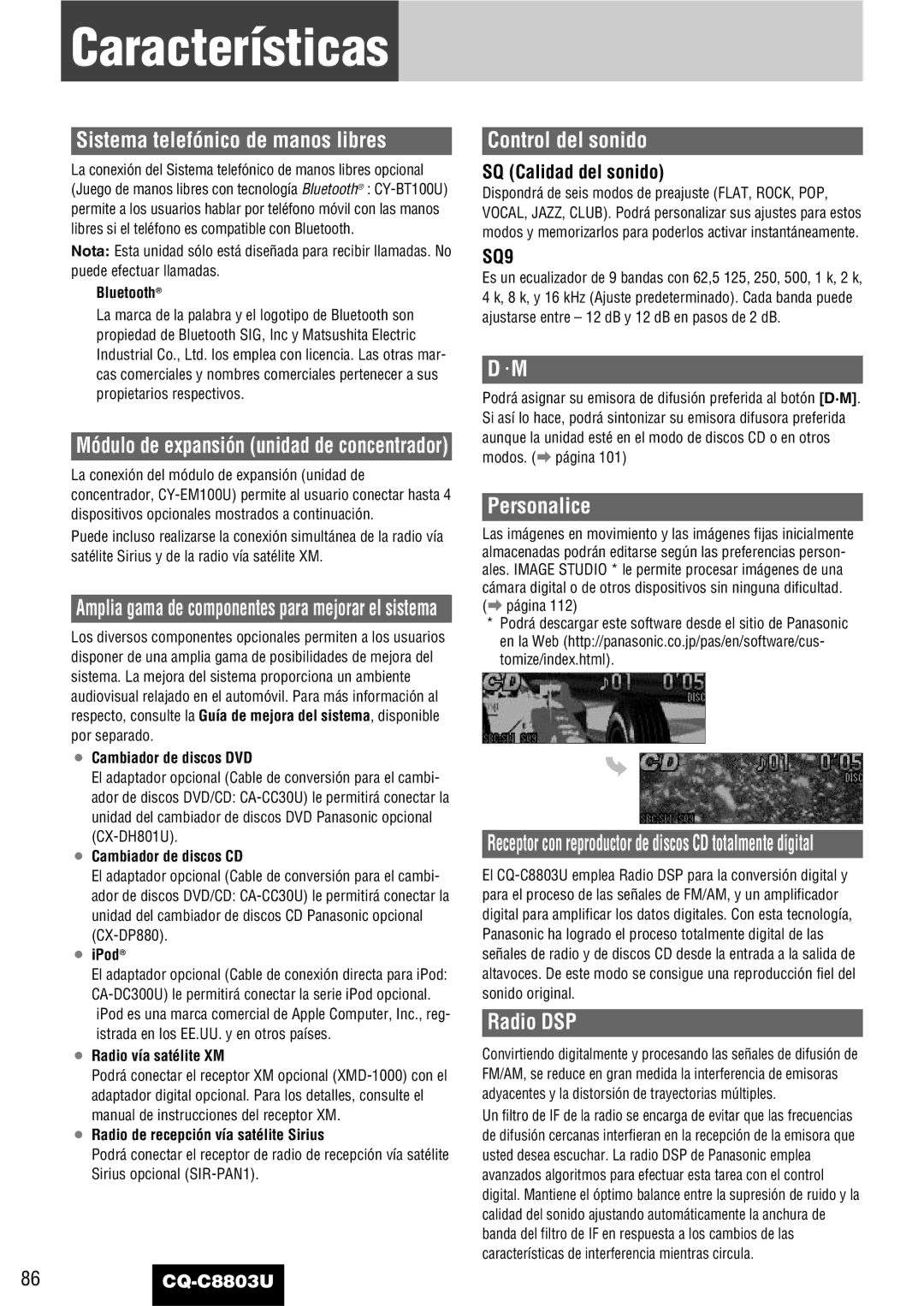 Panasonic CQ-C8803U Características, Sistema telefónico de manos libres, Control del sonido, Personalice 