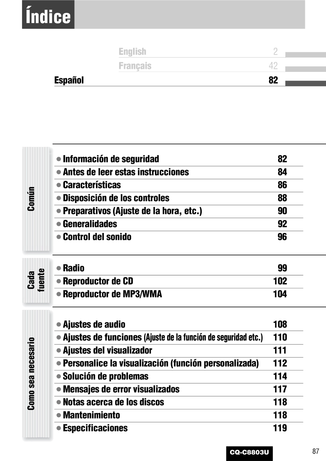 Panasonic CQ-C8803U Índice, Común, Como sea necesario, Cada fuente, ¡Personalice la visualización función personalizada 